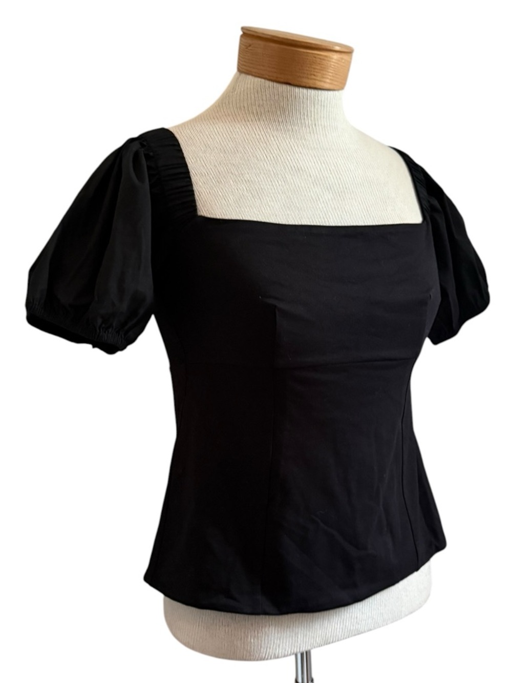 Cinq à Sept Black Puff Sleeve Square Neck Stretch Twill Havana Top Size Medium